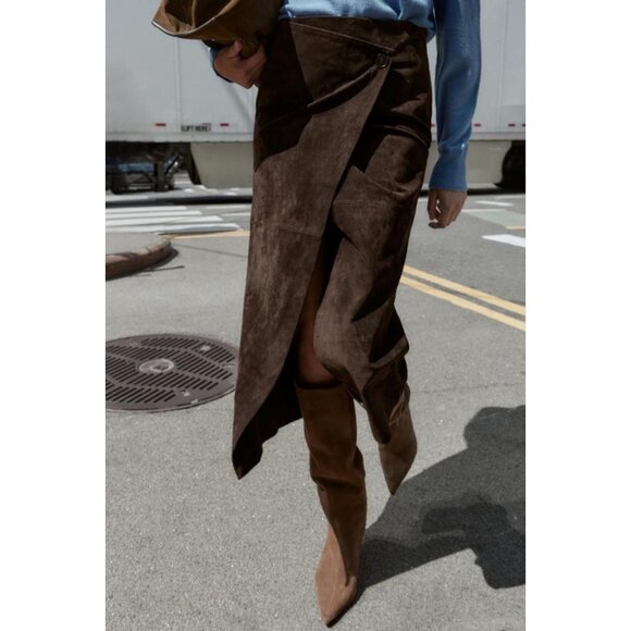 ZARA 100% LEATHER WRAP MIDI SKIRT - Picture 5 of 8